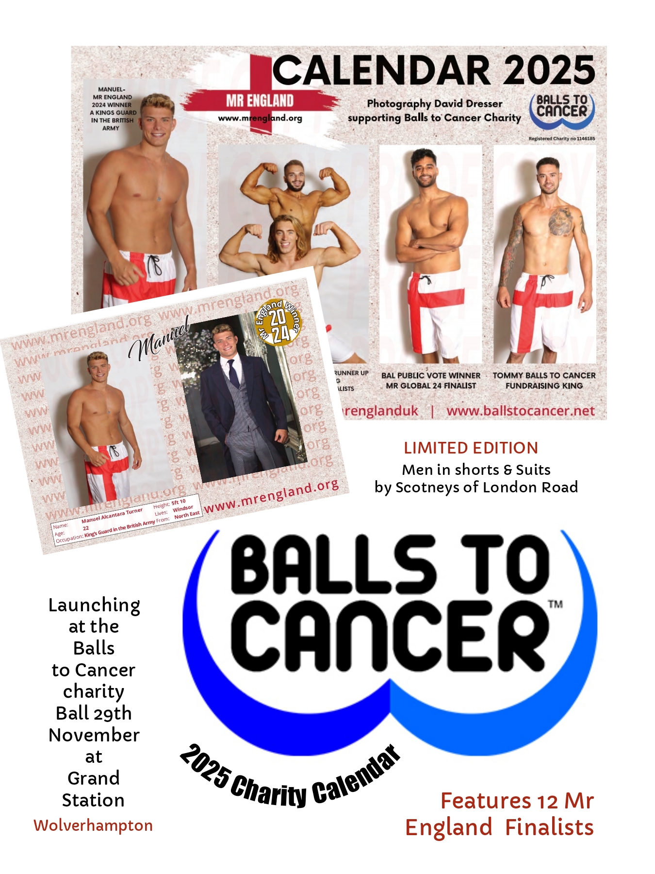 Mr England 2024 Finalists & winner Kings Guard Manuel featured on the  next Balls to Cancer charity calendar